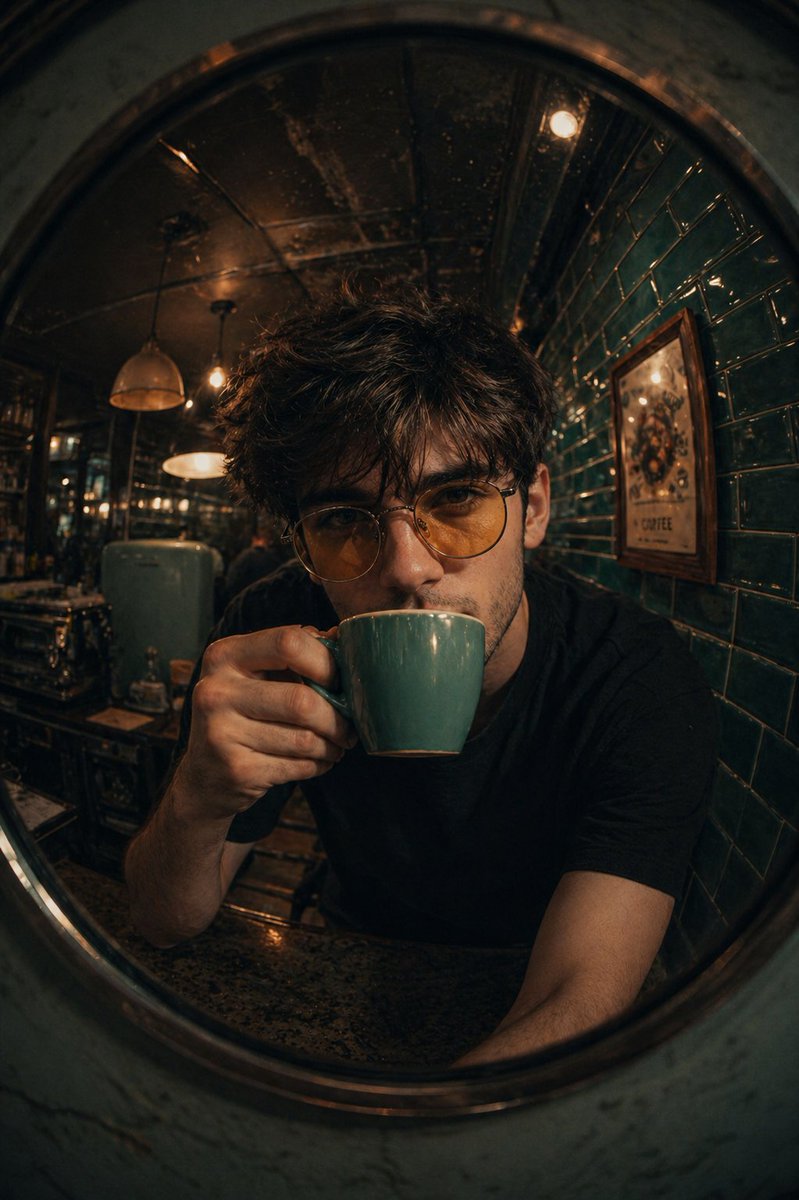 Retro Café Fish-eye Lens Portrait AI image template preview