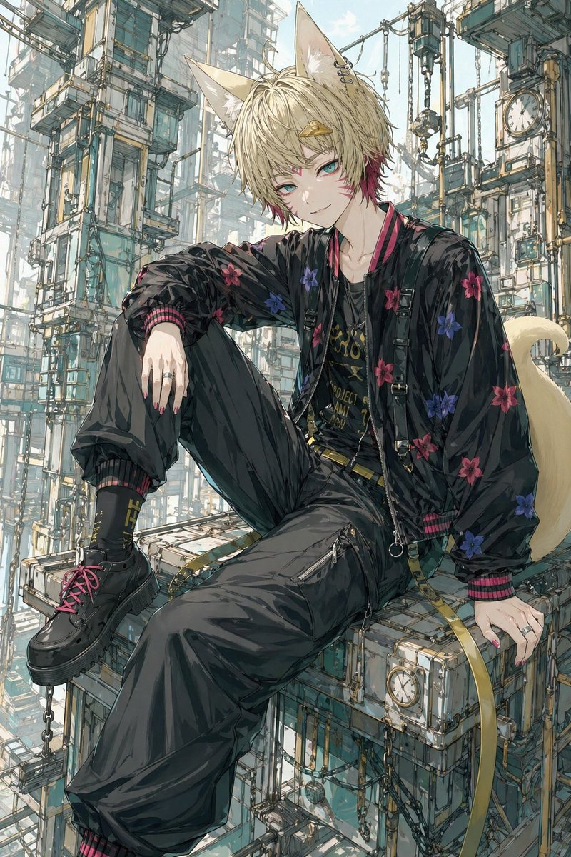 Fox-Eared Streetwear Boy in Steampunk City AI image template preview