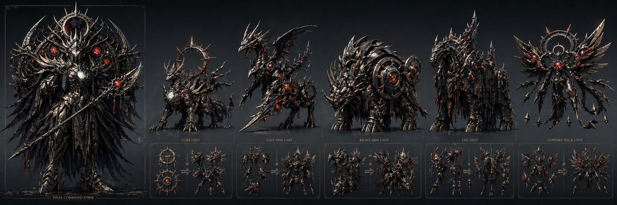 Gothic Combining Mecha Concept Sheet AI image template preview