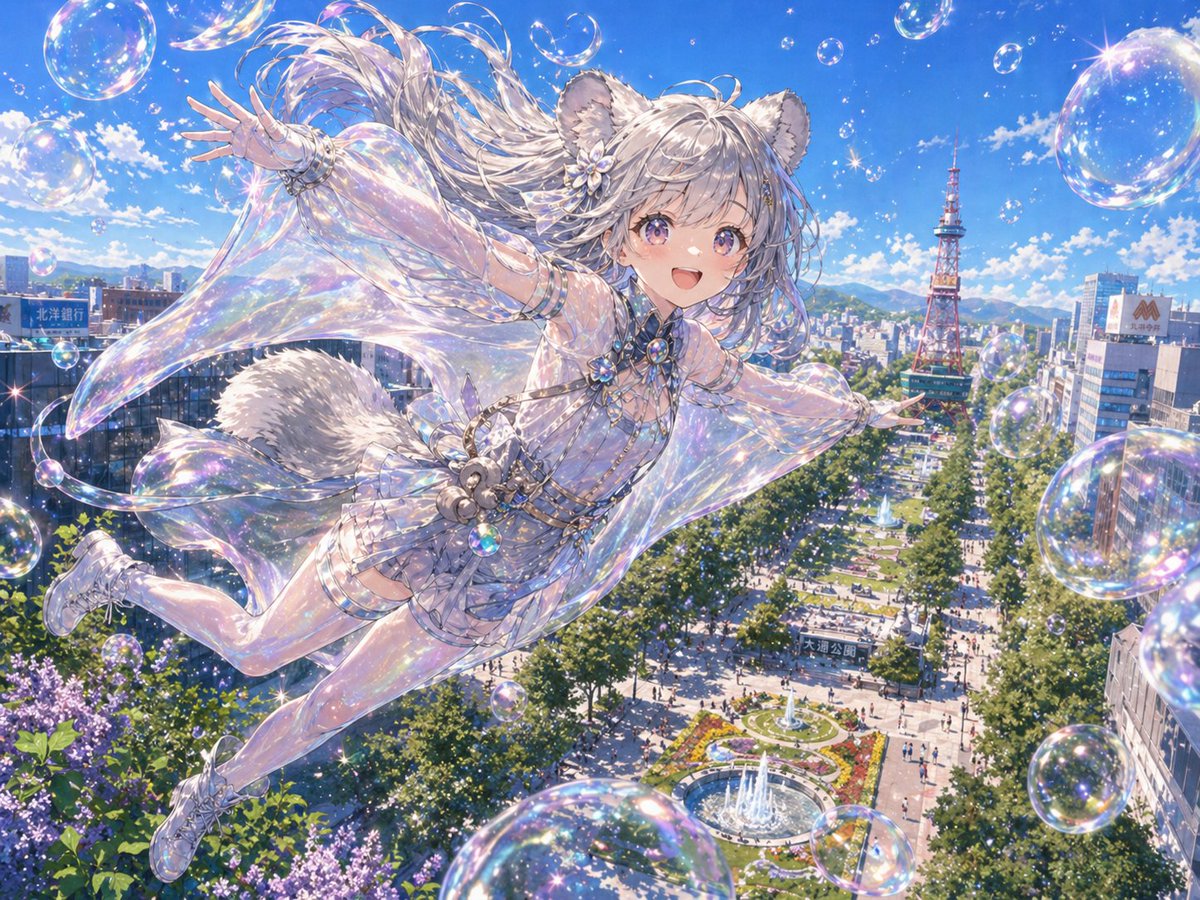 Iridescent Squirrel Girl Above Sapporo AI image template preview