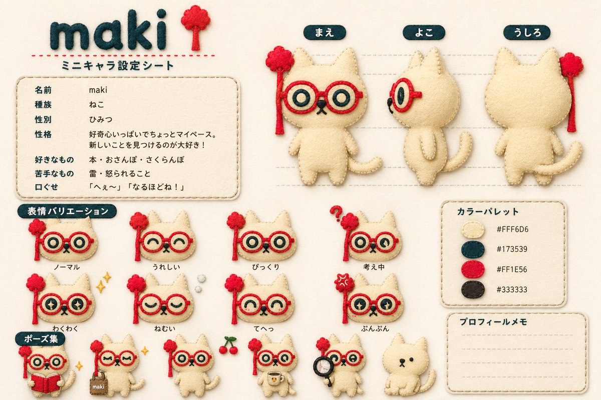 Felt Cat Character Reference Sheet AI image template preview