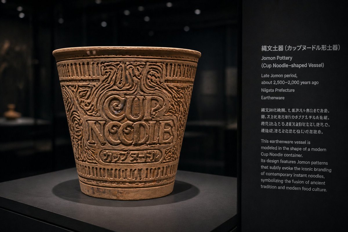Jomon Pottery Museum Exhibit Mashup AI image template preview