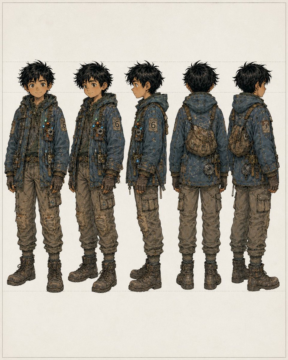 Five-View Boy Scavenger Turnaround AI image template preview