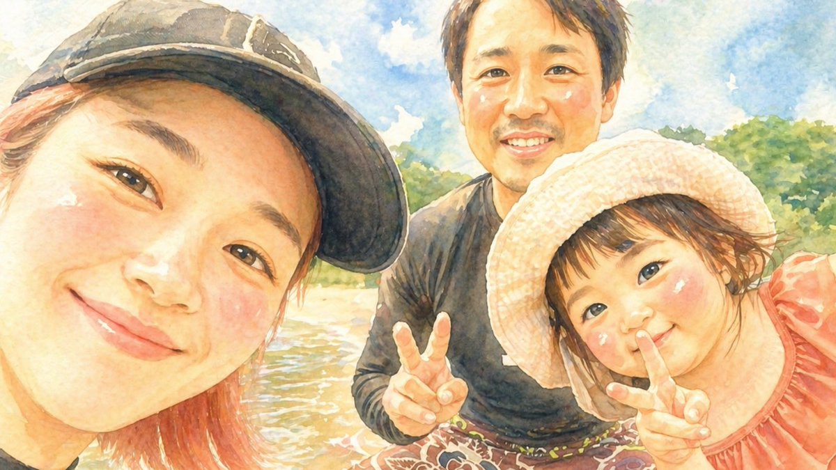Watercolor Family Riverside Selfie AI image template preview