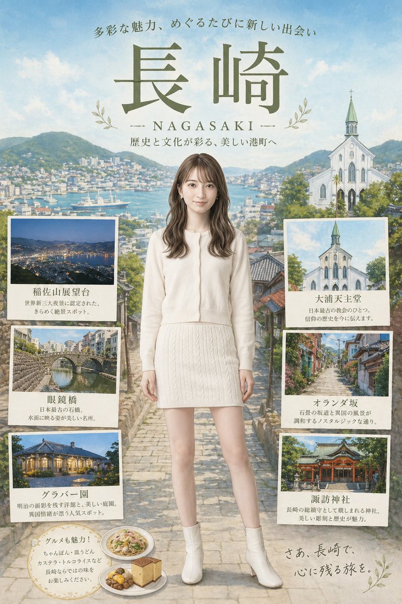 Nagasaki Travel Poster with Central Woman AI image template preview