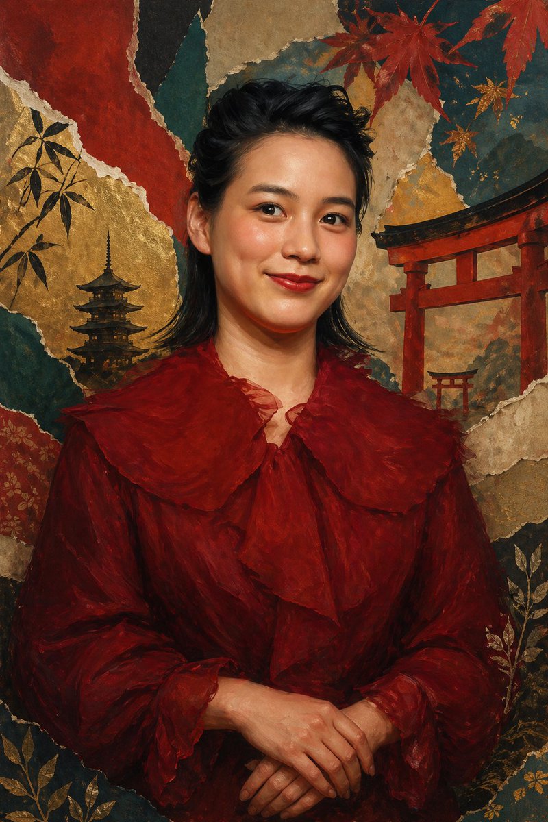 Japanese Collage Portrait in Crimson AI image template preview