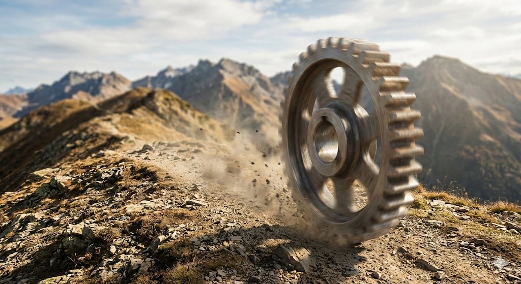 Rolling Steel Gear on Mountain Ridge AI image template preview