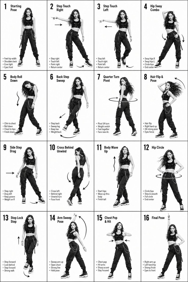 K-Pop Dance 16-Step Instruction Sheet AI image template preview