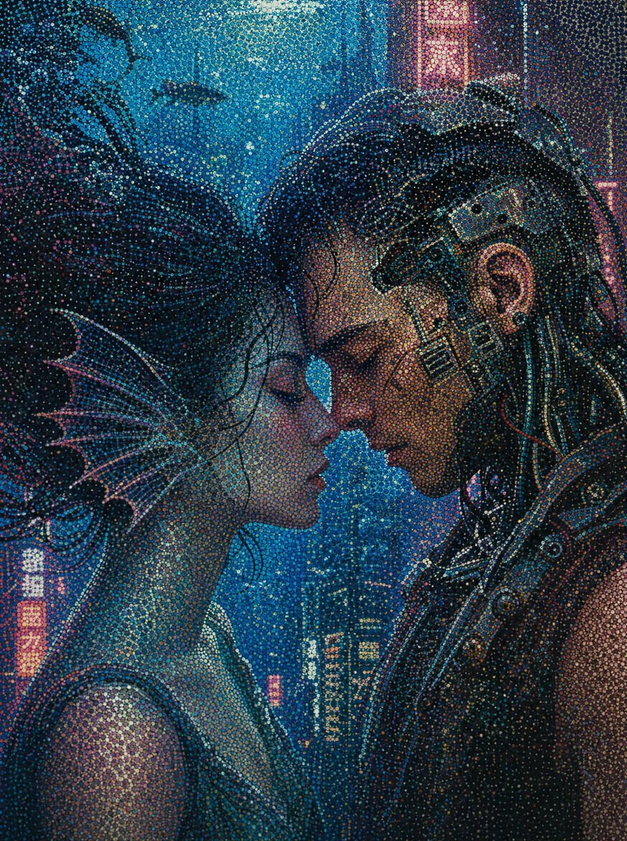 Cyberpunk Dot-Art Near Kiss AI image template preview