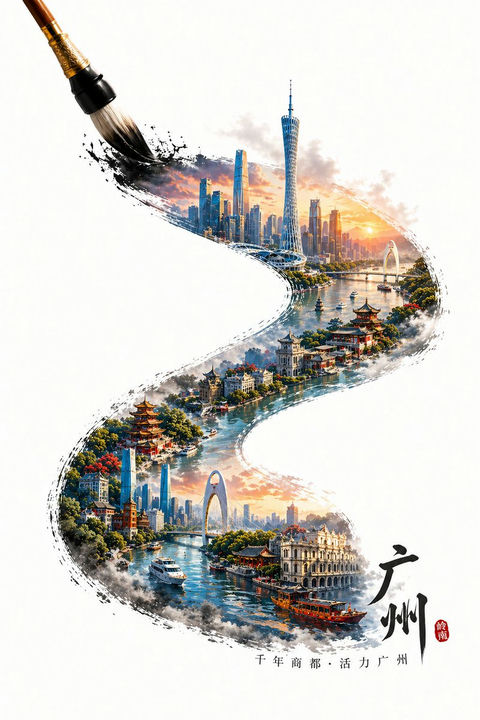 Guangzhou Ink Brush Travel Poster AI image template preview