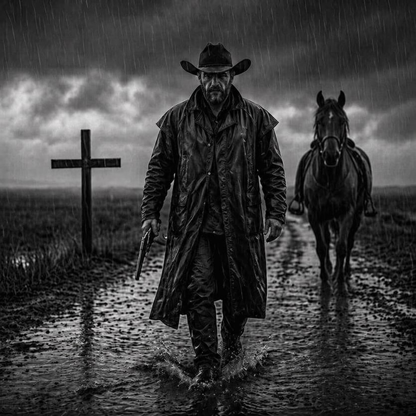 Rain-Soaked Dark Western Gunslinger AI image template preview
