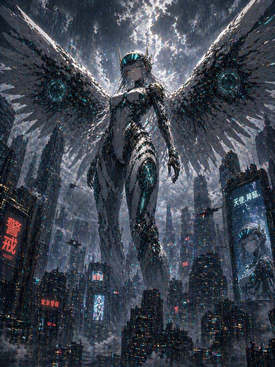 Cyberpunk Machine Angel Over Megacity AI image template preview