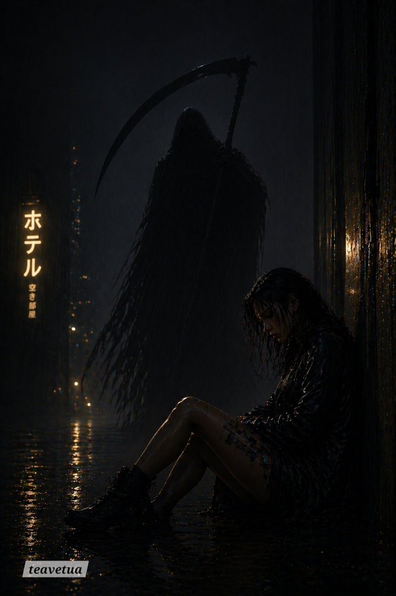 Rainy Alley Grim Reaper Horror Scene AI image template preview