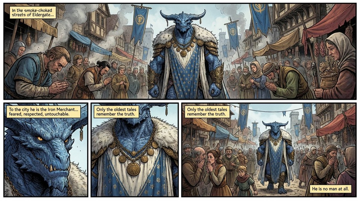 Fantasy Comic Page of Korvax in Eldergate AI image template preview