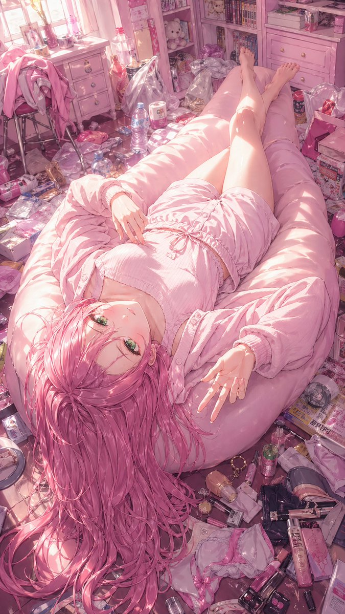 Pink Anime Girl in a Messy Bedroom AI image template preview