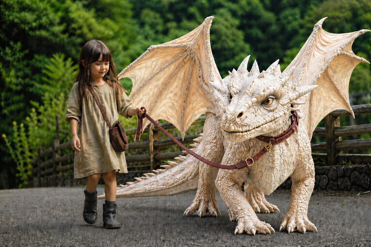 Girl Walking a Giant Cream Dragon AI image template preview