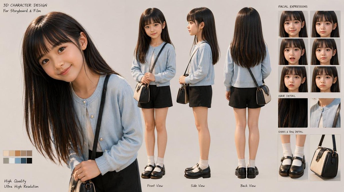 3D Schoolgirl Character Design Sheet AI image template preview