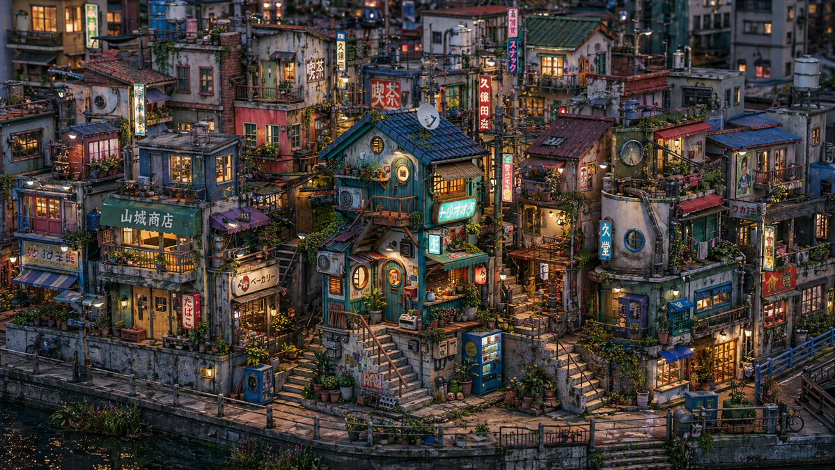 Miniature Japanese Canal Town at Dusk AI image template preview