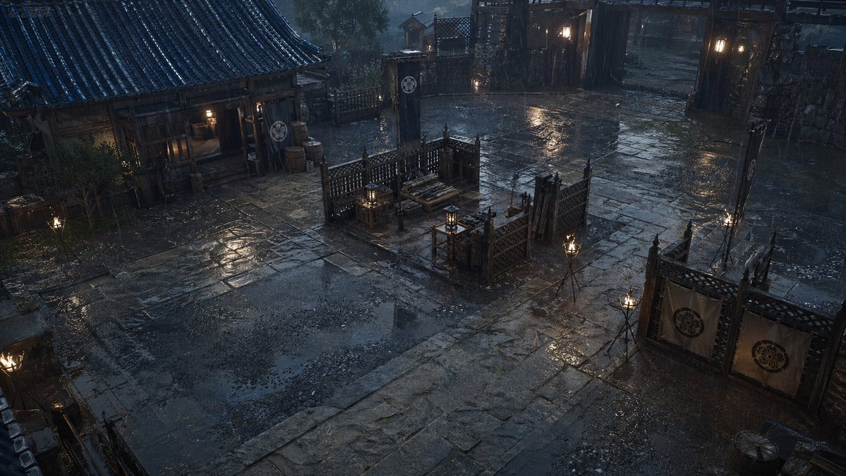 Rainy Feudal Japan Courtyard AI image template preview