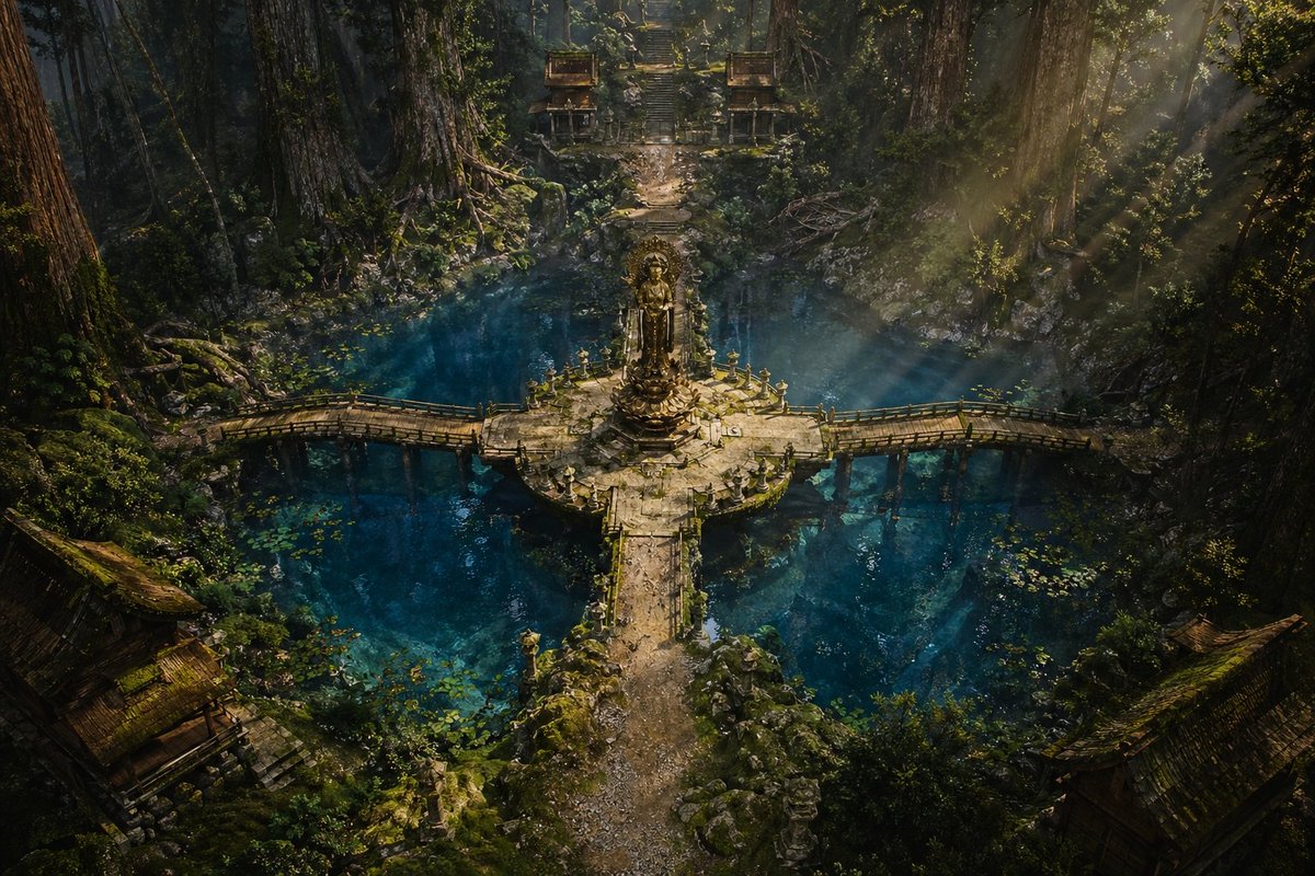Ancient Forest Shrine Over Blue Spring AI image template preview