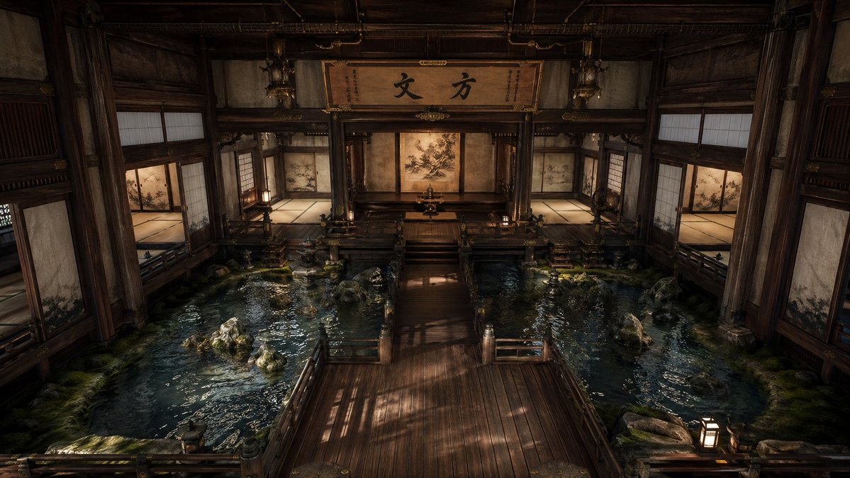 Cinematic Japanese Temple Hall AI image template preview