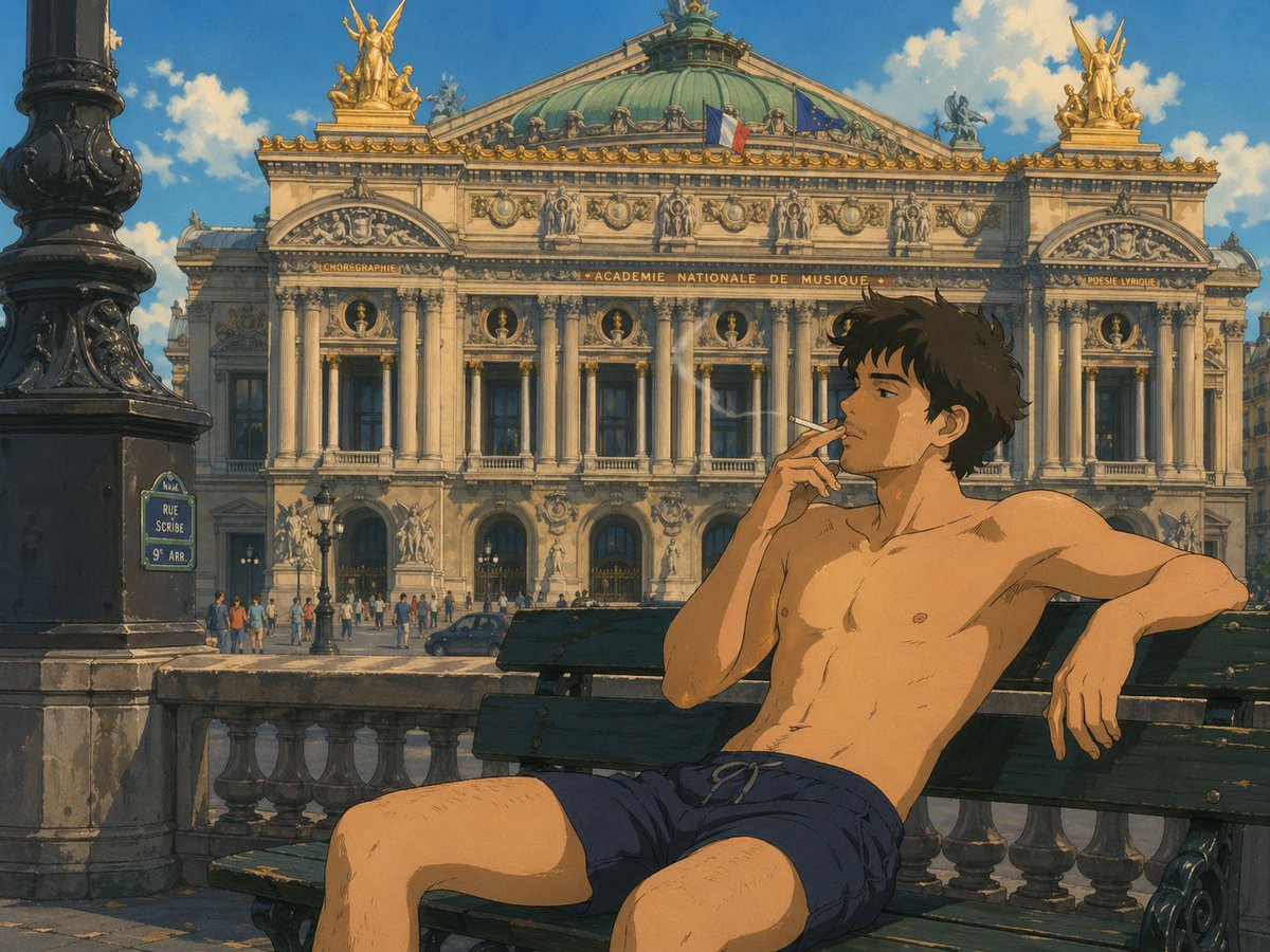 Ghibli-Style Man at Opéra Garnier AI image template preview