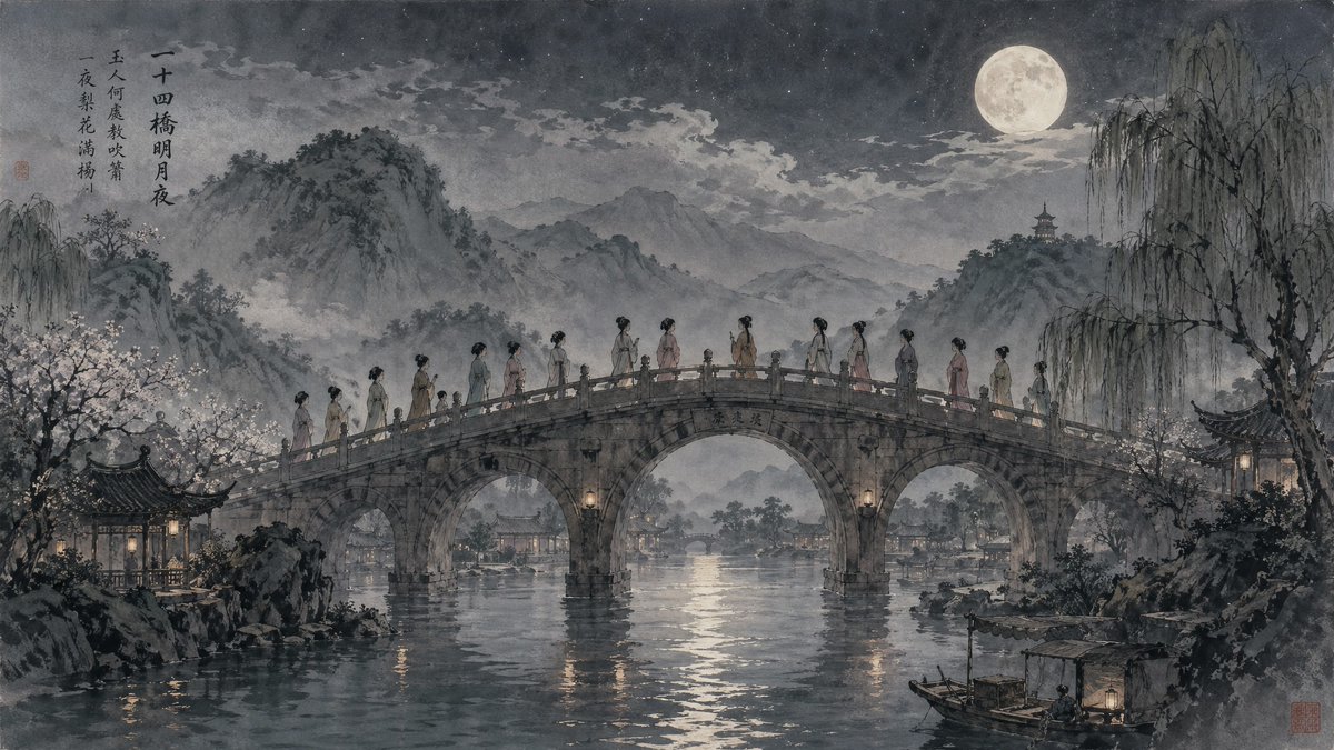 Moonlit Twenty-Four Bridges Painting AI image template preview