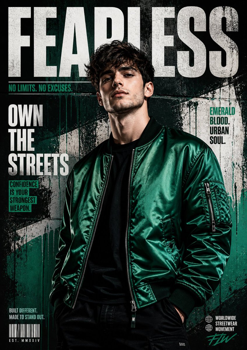 Street Fashion Emerald Bomber Poster AI image template preview