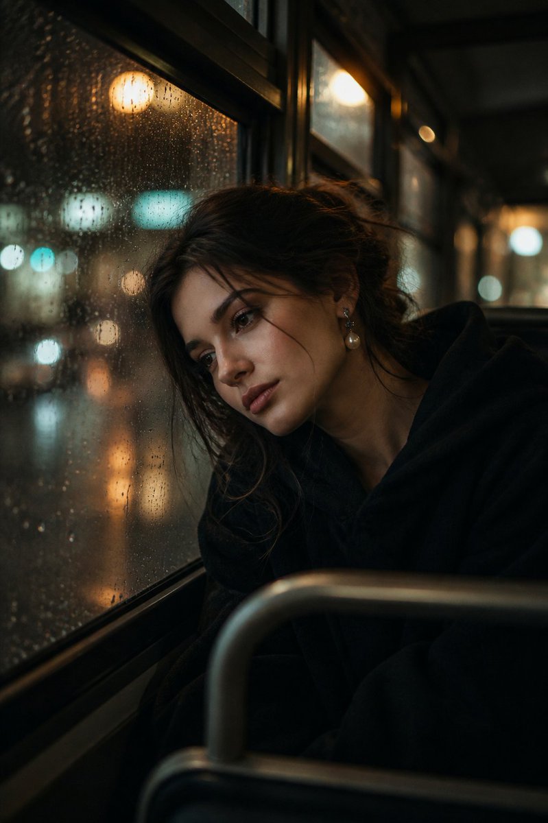 Melancholic Rainy Night Bus Portrait AI image template preview