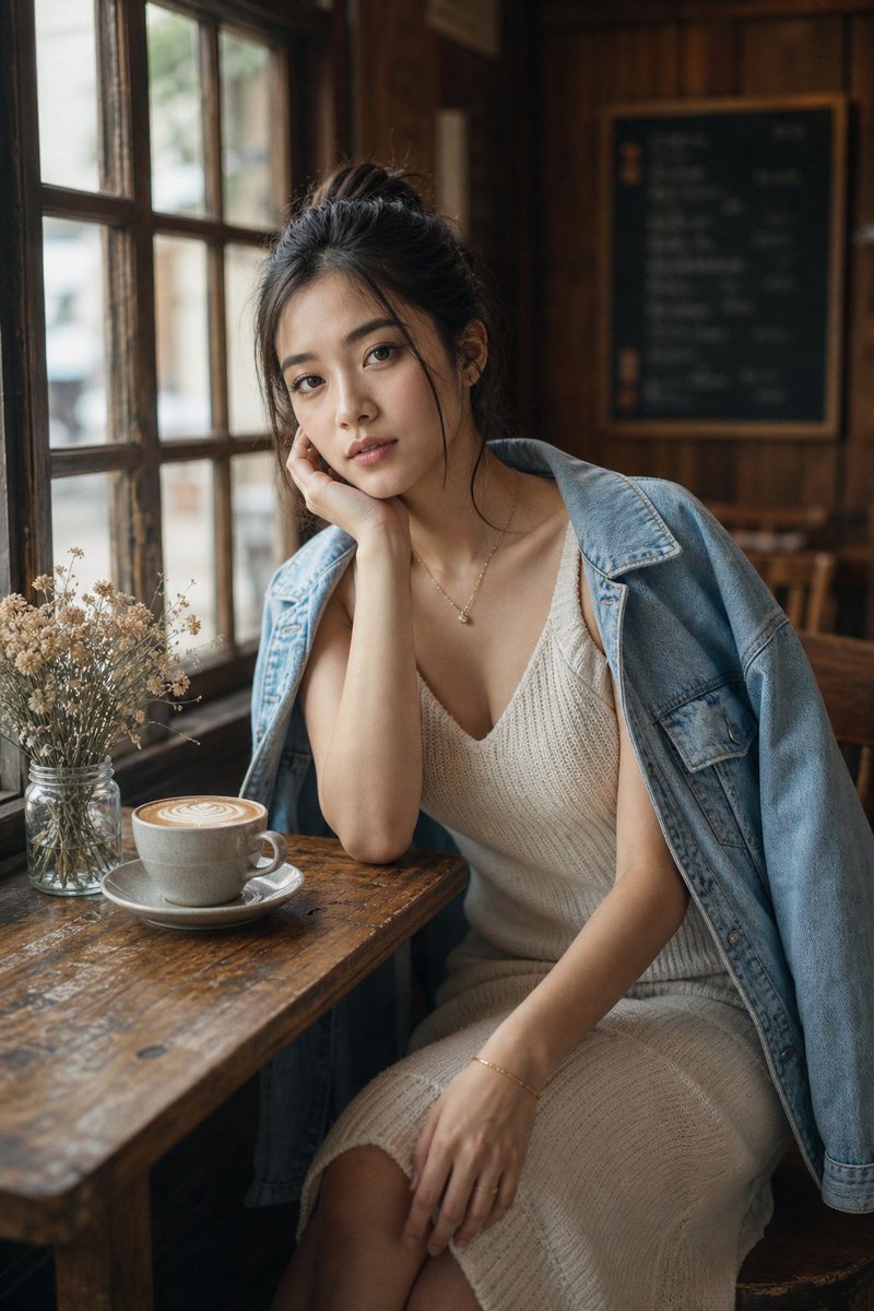 Cozy Café Window Portrait AI image template preview