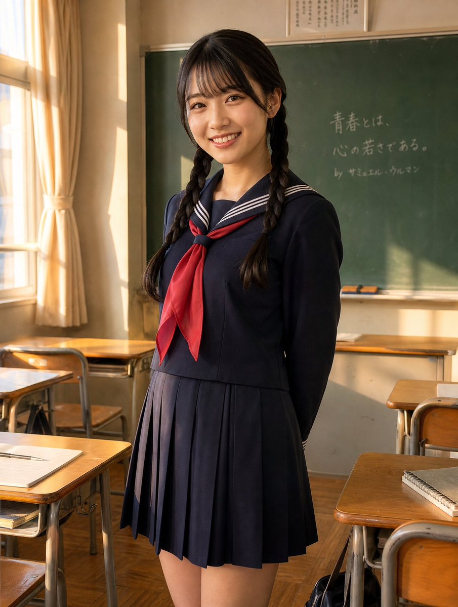 Sunlit Japanese Classroom Sailor Uniform Portrait AI image template preview