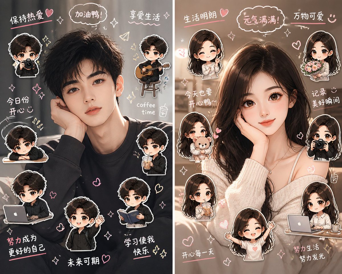 Split-Screen Chibi Selfie Scrapbook AI image template preview