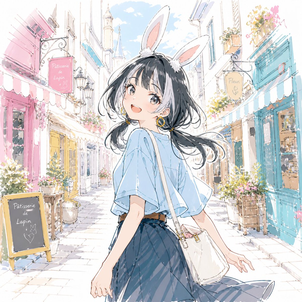 Pastel Bunny Girl Street Walk AI image template preview