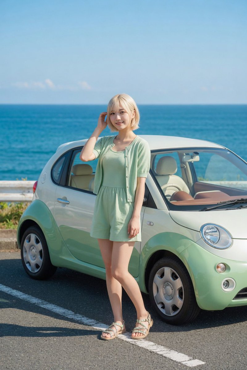Mint Compact Car by the Sea AI image template preview