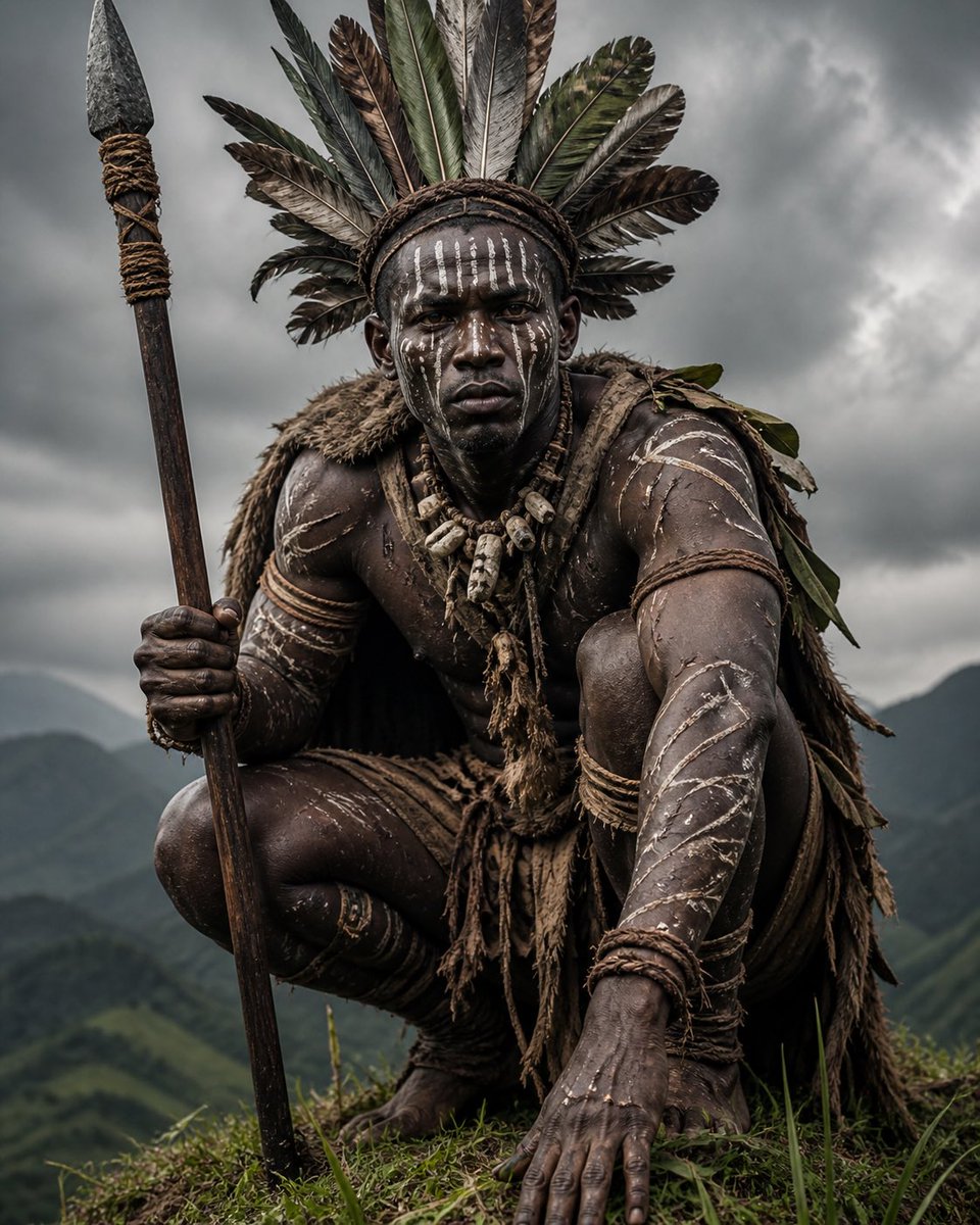 Crouching Tribal Warrior Portrait AI image template preview