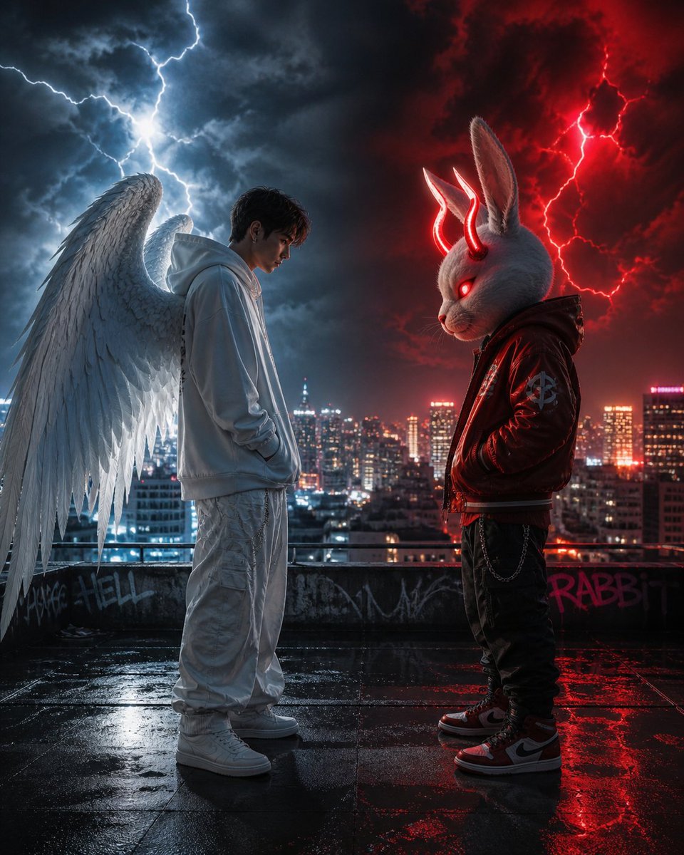 Cyberpunk Angel vs Demon Showdown AI image template preview