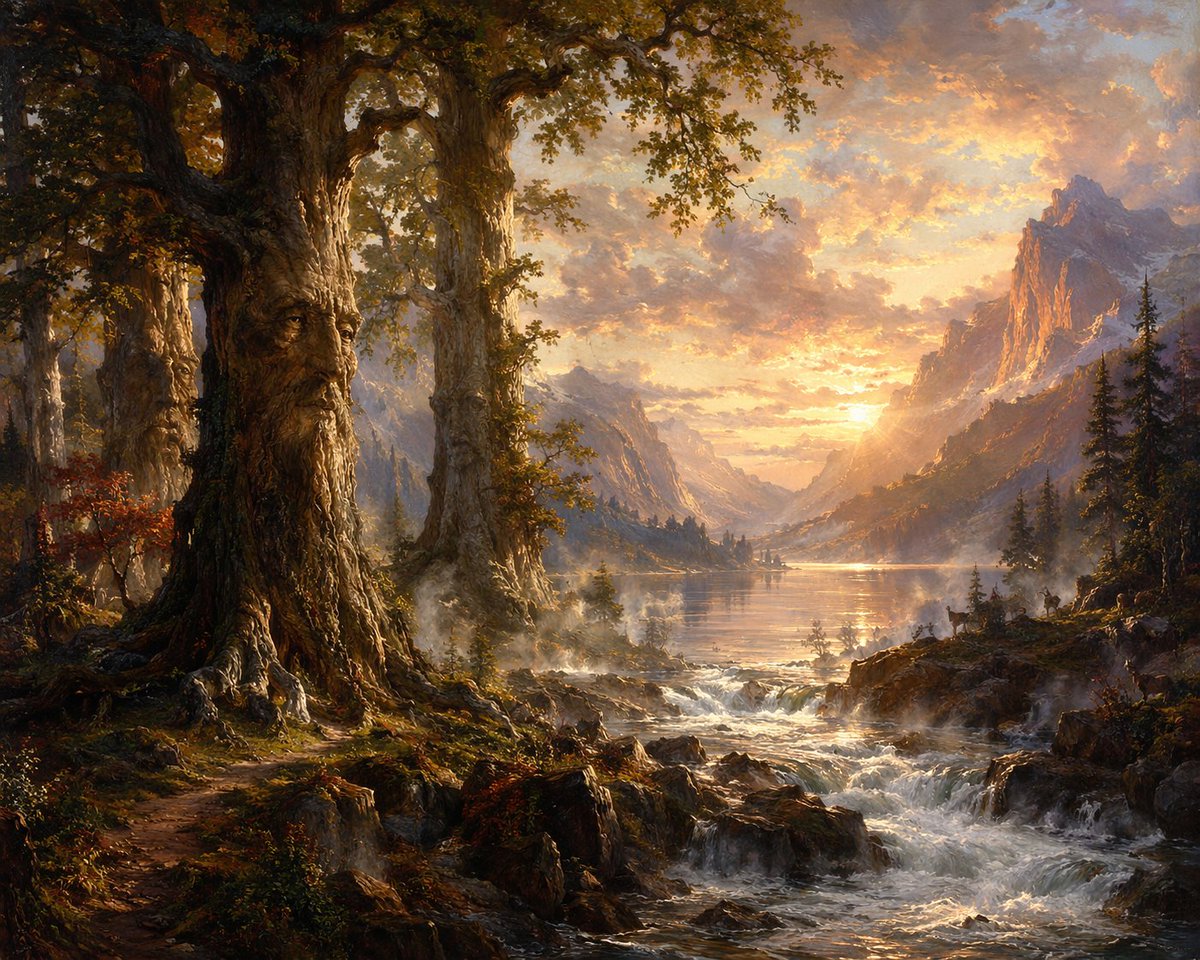 Ancient Tree Guardians at Sunset AI image template preview