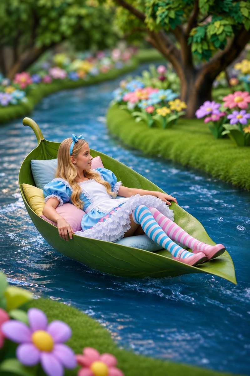 Alice-Inspired Leaf Boat Fantasy AI image template preview