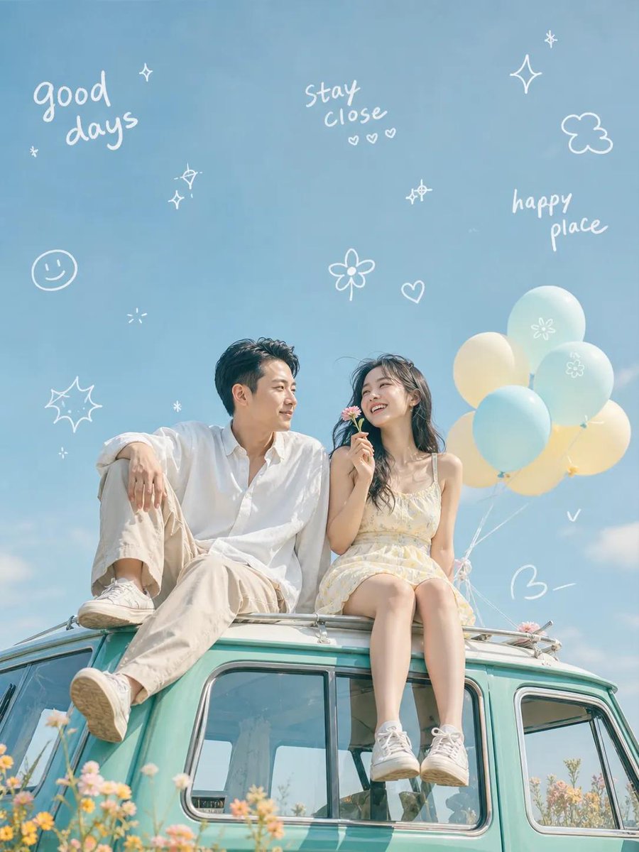 Dreamy Couple on Turquoise Van AI image template preview