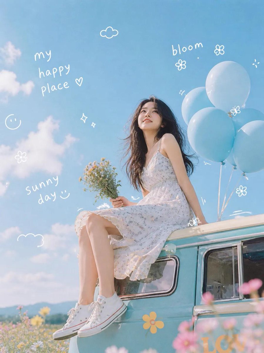 Dreamy Van Rooftop Flower Field Portrait AI image template preview
