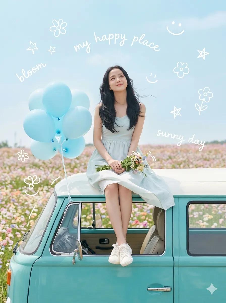 Dreamy Van Rooftop Flower Field AI image template preview