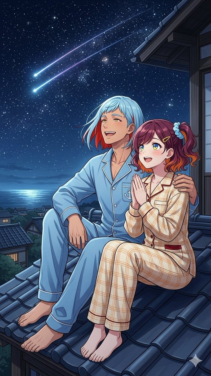 Anime Rooftop Stargazing Couple AI image template preview