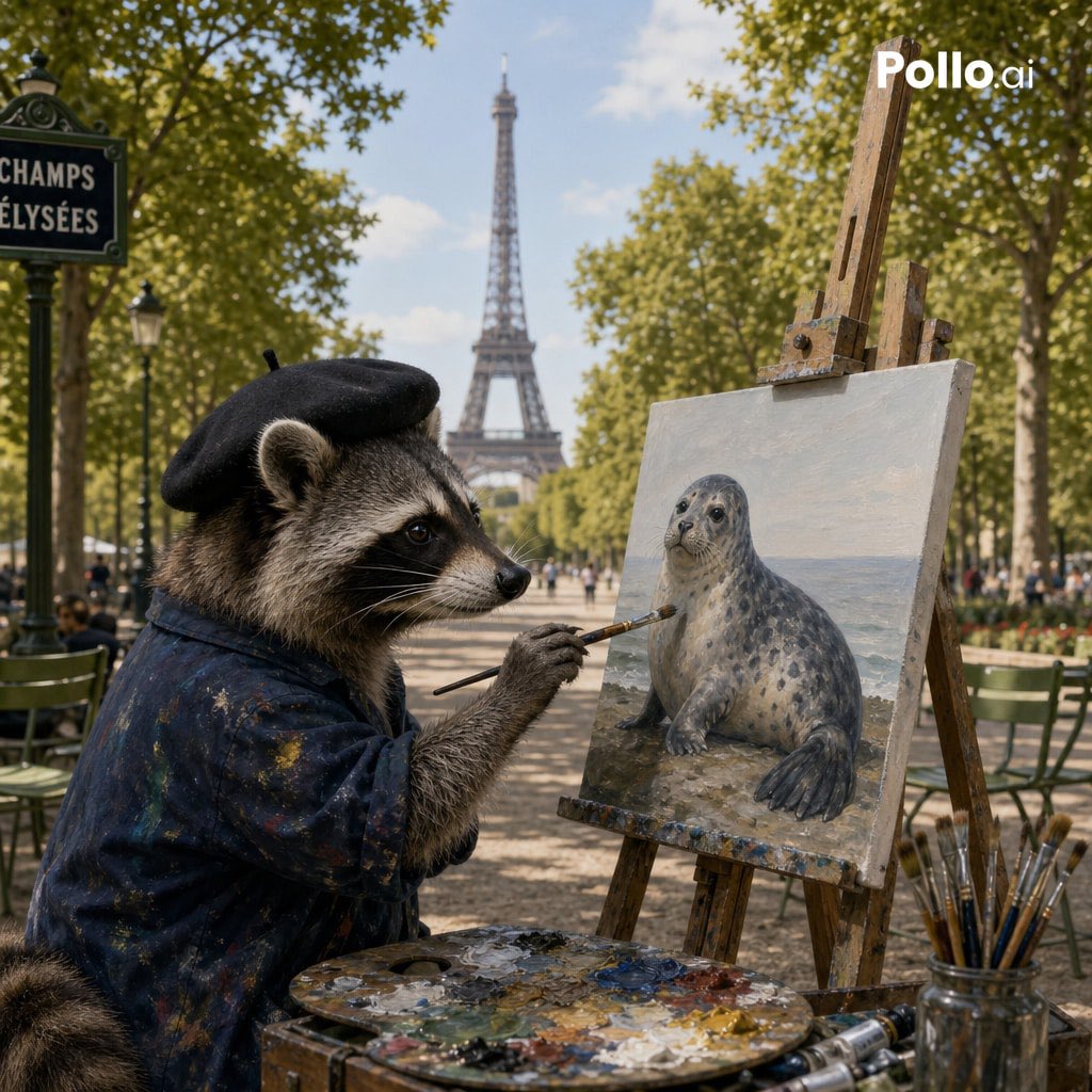 Photorealistic Raccoon Painter in Paris AI image template preview