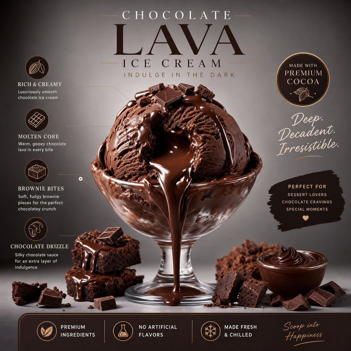 Luxury Chocolate Lava Ice Cream Ad AI image template preview