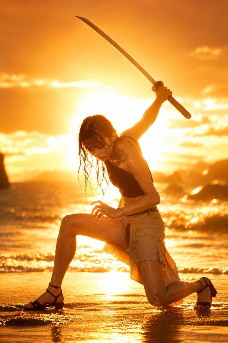 Sunset Beach Katana Pose AI image template preview