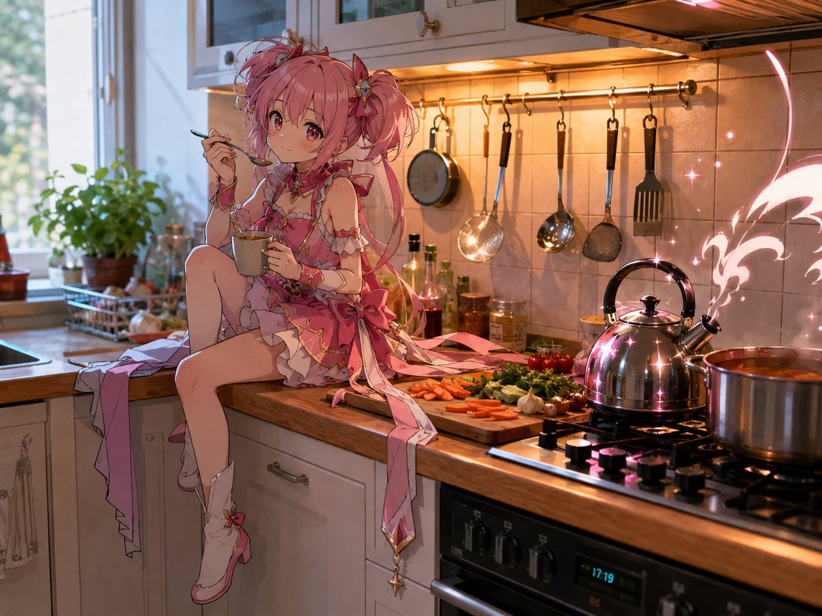 Magical Girl in Cozy Kitchen AI image template preview