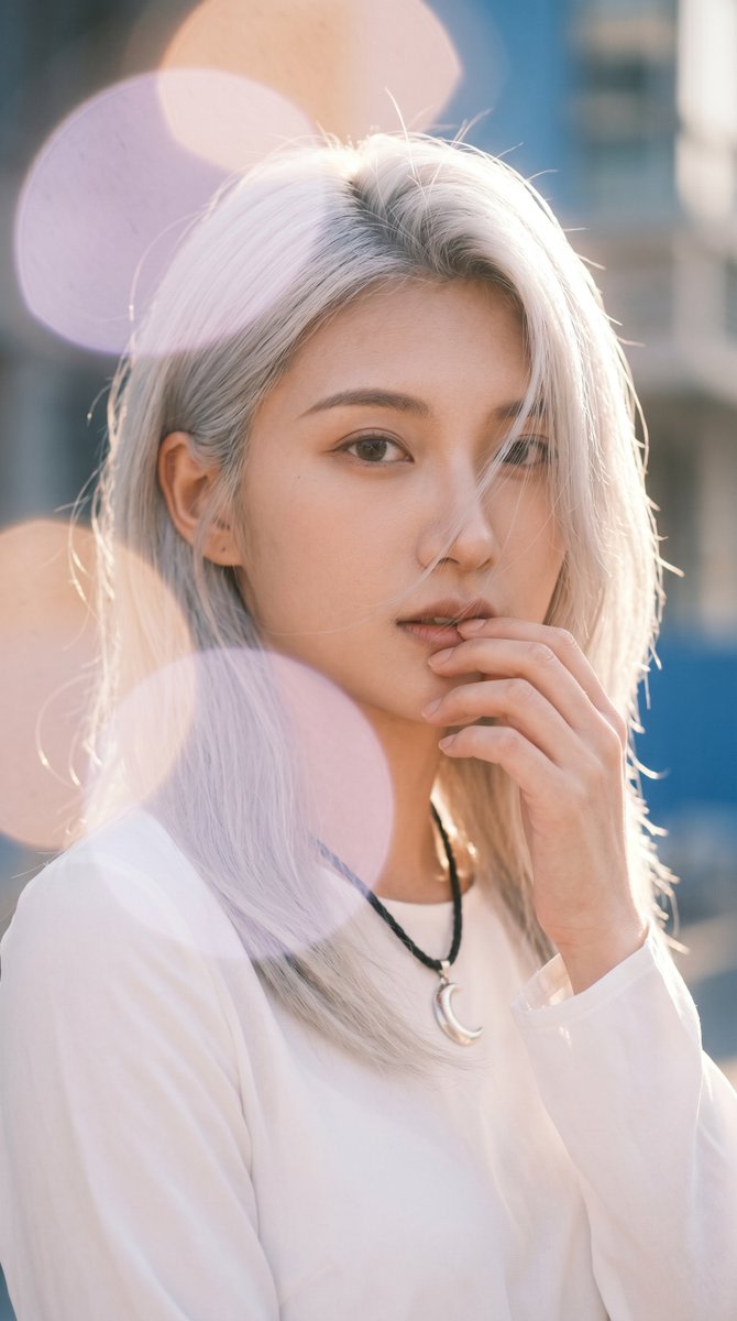Backlit Silver-Haired Model Portrait AI image template preview