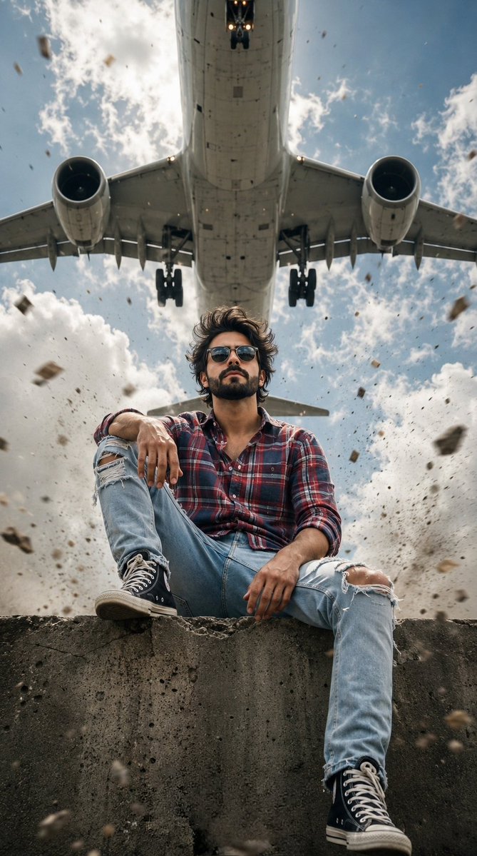 Extreme Low Angle Airplane Portrait AI image template preview