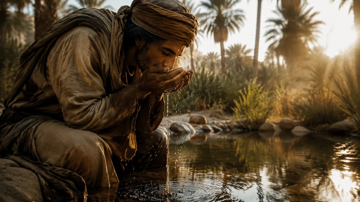 Cinematic Desert Oasis Traveler AI image template preview