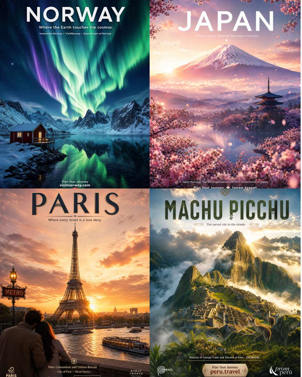 Four Destination Tourism Poster Grid AI image template preview